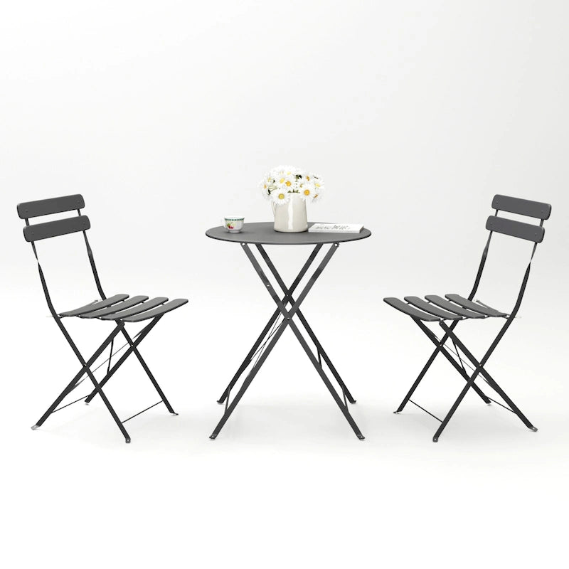 Ensemble bistro d'extérieur rond en métal 3 pièces, pliable, avec coussins beiges