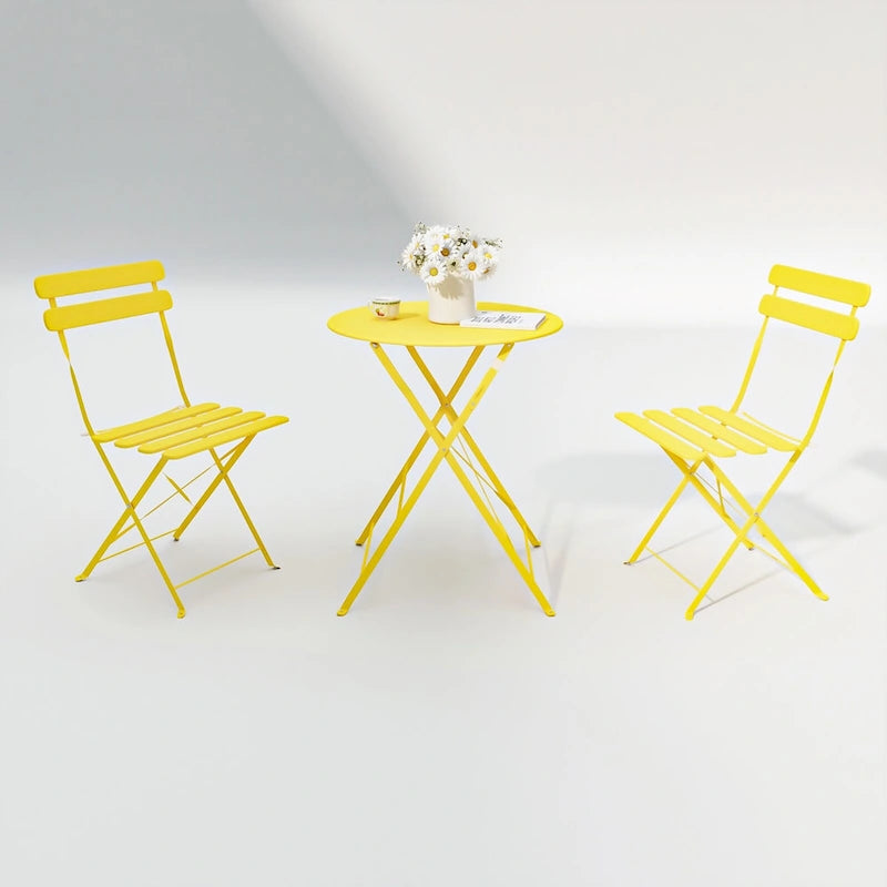 Ensemble bistro d'extérieur rond en métal 3 pièces, pliable, avec coussins beiges