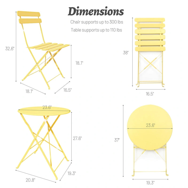 Ensemble bistro d'extérieur rond en métal 3 pièces, pliable, avec coussins beiges