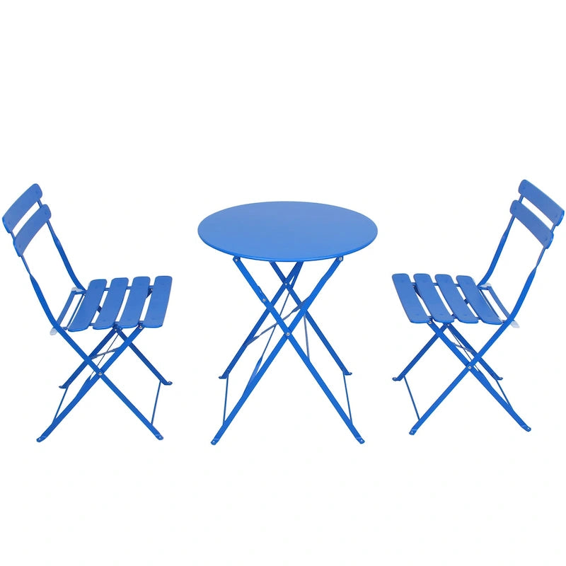 Ensemble bistro d'extérieur rond en métal 3 pièces, pliable, avec coussins beiges