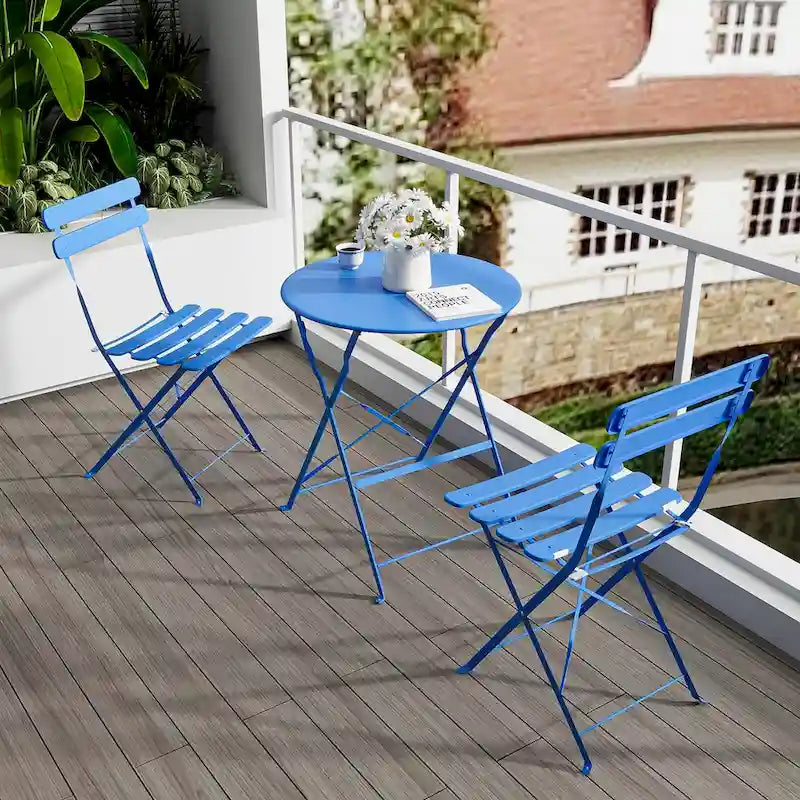 Ensemble bistro d'extérieur rond en métal 3 pièces, pliable, avec coussins beiges