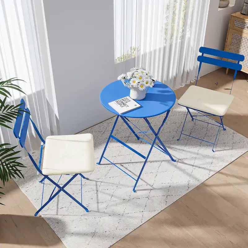 Ensemble bistro d'extérieur rond en métal 3 pièces, pliable, avec coussins beiges