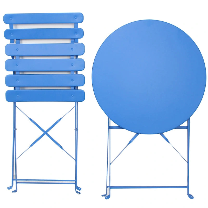 Ensemble bistro d'extérieur rond en métal 3 pièces, pliable, avec coussins beiges