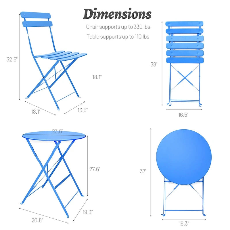 Ensemble bistro d'extérieur rond en métal 3 pièces, pliable, avec coussins beiges