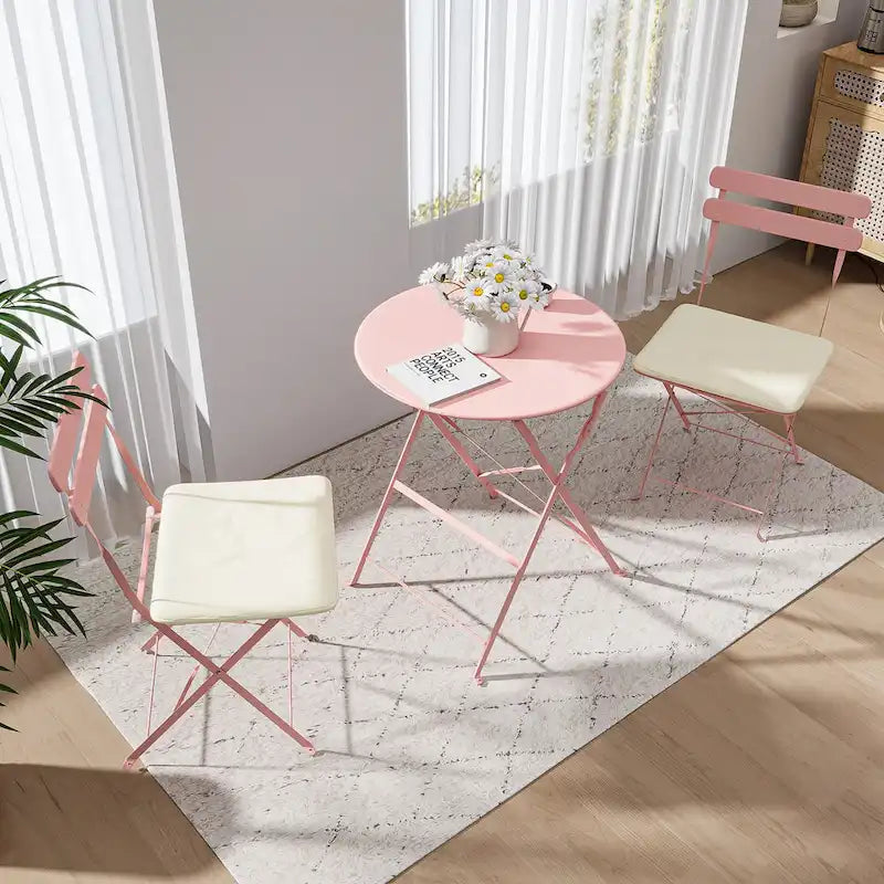 Ensemble bistro d'extérieur rond en métal 3 pièces, pliable, avec coussins beiges