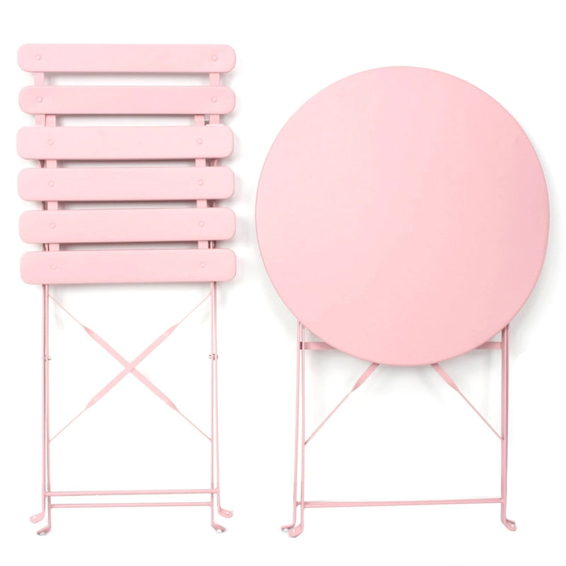 Ensemble bistro d'extérieur rond en métal 3 pièces, pliable, avec coussins beiges