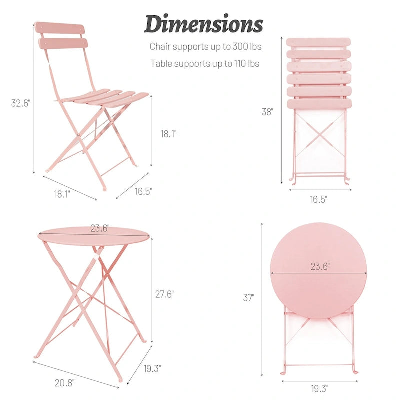 Ensemble bistro d'extérieur rond en métal 3 pièces, pliable, avec coussins beiges