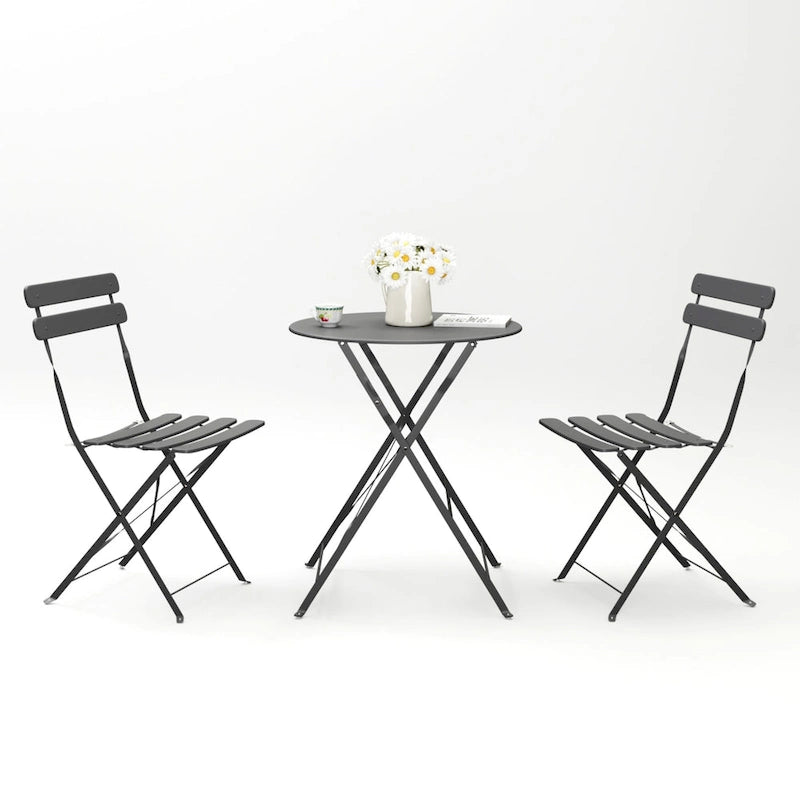 Ensemble bistro d'extérieur rond en métal 3 pièces, pliable, avec coussins beiges