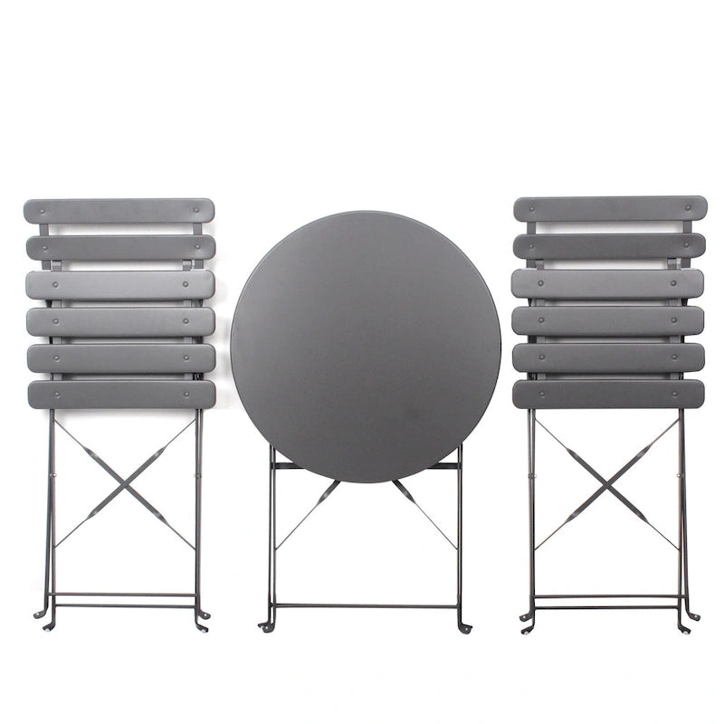 Ensemble bistro d'extérieur rond en métal 3 pièces, pliable, avec coussins beiges