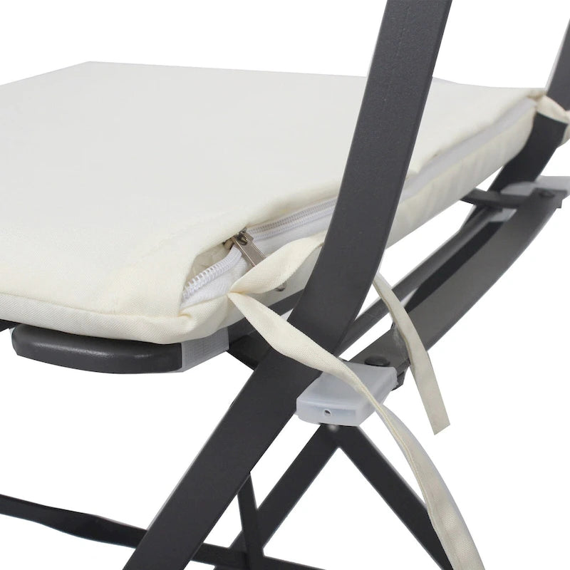 Ensemble bistro d'extérieur rond en métal 3 pièces, pliable, avec coussins beiges