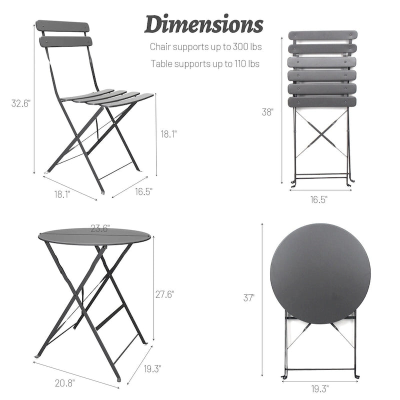 Ensemble bistro d'extérieur rond en métal 3 pièces, pliable, avec coussins beiges