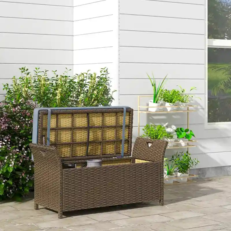 Banc de rangement de patio en osier 2 en 1 de 27 gallons avec poignées et coussin