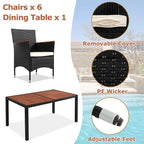 Ensemble repas de patio pour 6 personnes comprenant une table et des chaises en osier avec coussins