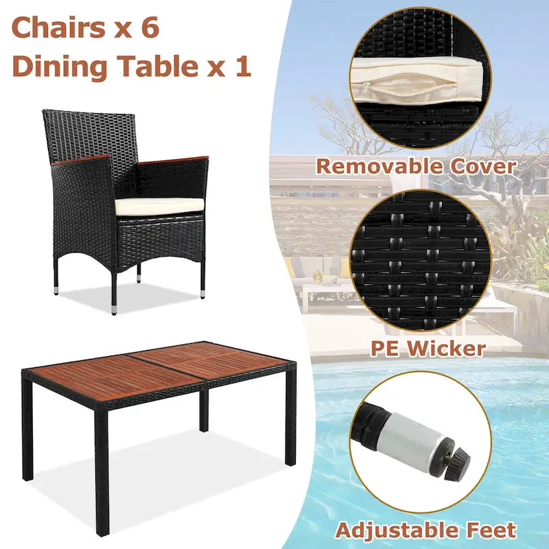 Ensemble repas de patio pour 6 personnes comprenant une table et des chaises en osier avec coussins