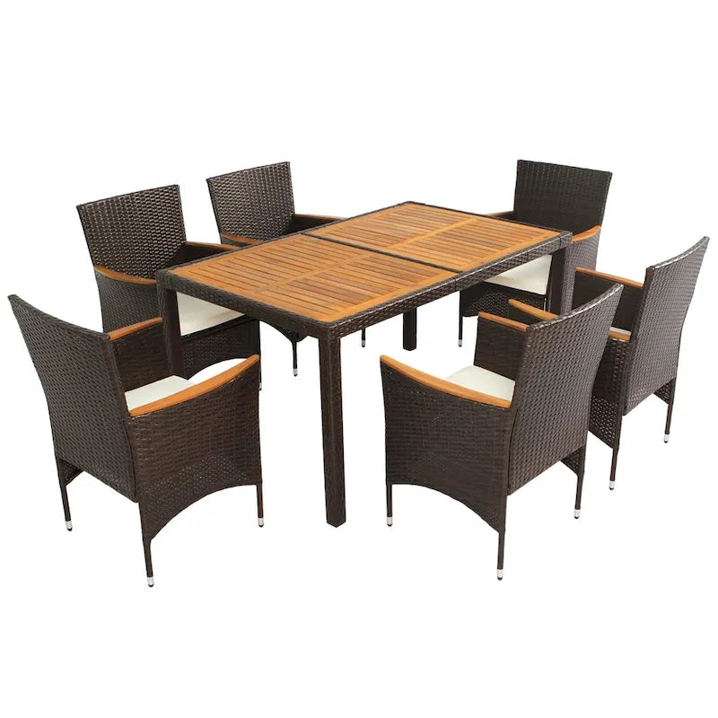 Ensemble repas de patio pour 6 personnes comprenant une table et des chaises en osier avec coussins