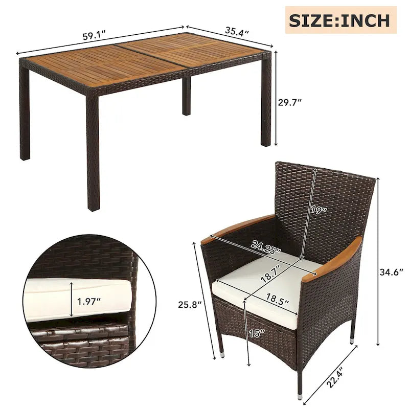 Ensemble repas de patio pour 6 personnes comprenant une table et des chaises en osier avec coussins