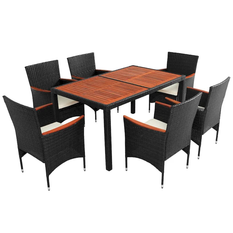 Ensemble repas de patio pour 6 personnes comprenant une table et des chaises en osier avec coussins