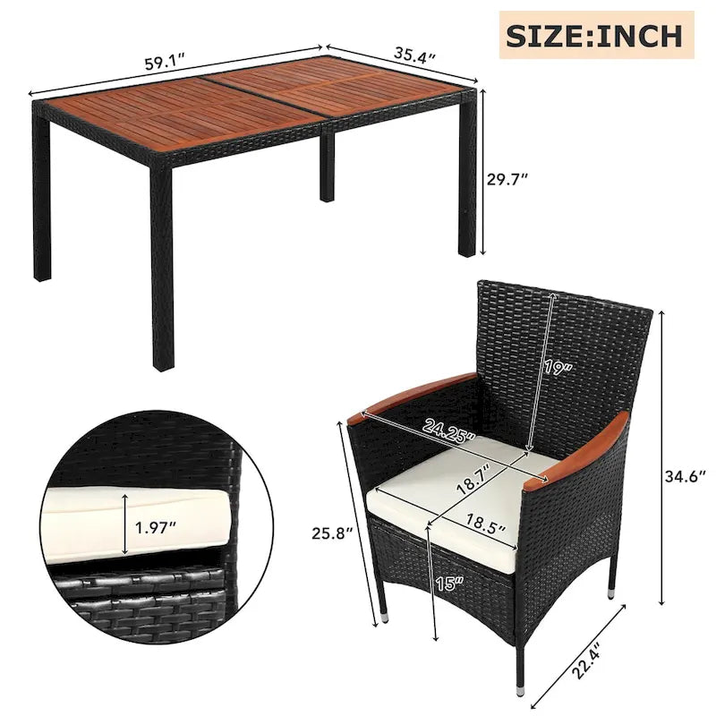 Ensemble repas de patio pour 6 personnes comprenant une table et des chaises en osier avec coussins