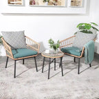 Ensemble bistro d'extérieur 3 pièces avec table basse en verre trempé et chaises en osier (vert)