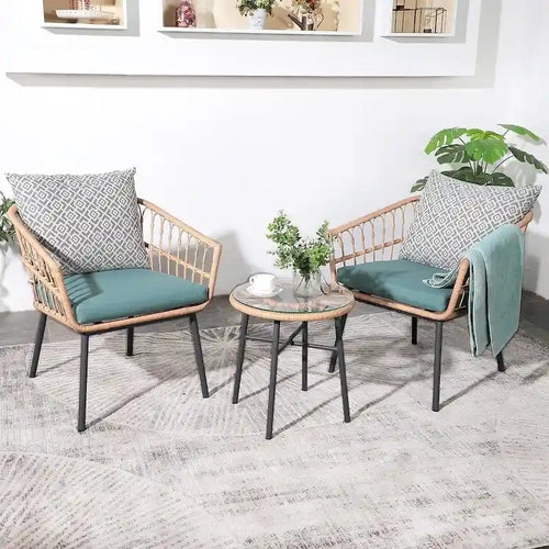 Ensemble bistro d'extérieur 3 pièces avec table basse en verre trempé et chaises en osier (vert)