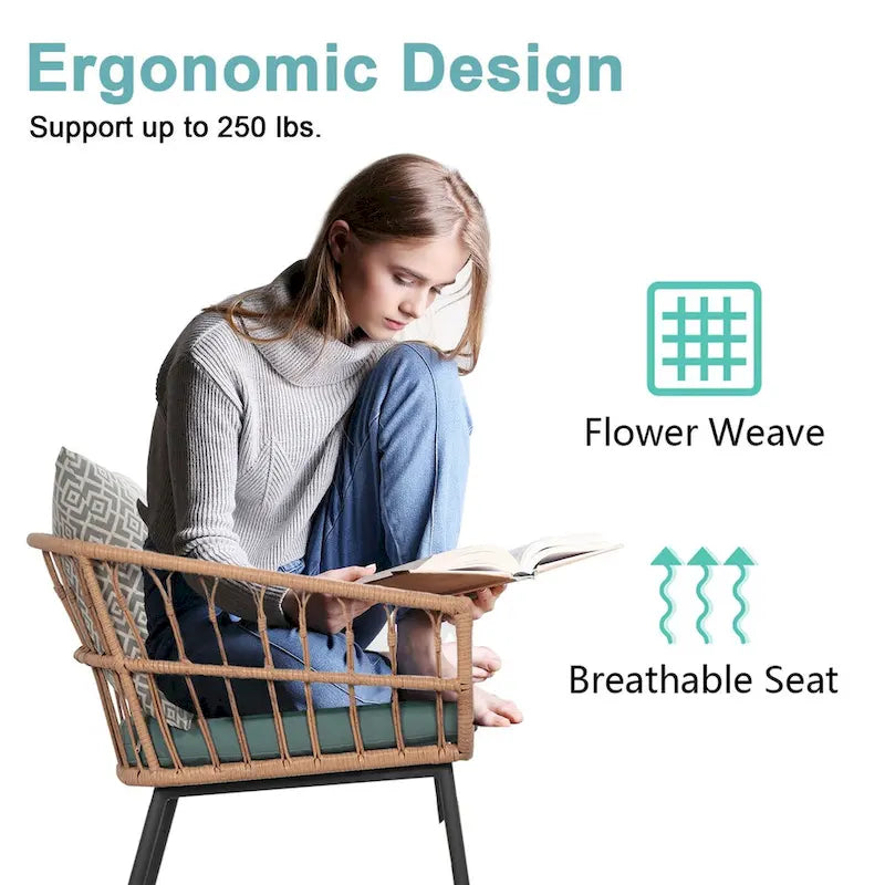 Ensemble bistro d'extérieur 3 pièces avec table basse en verre trempé et chaises en osier (vert)