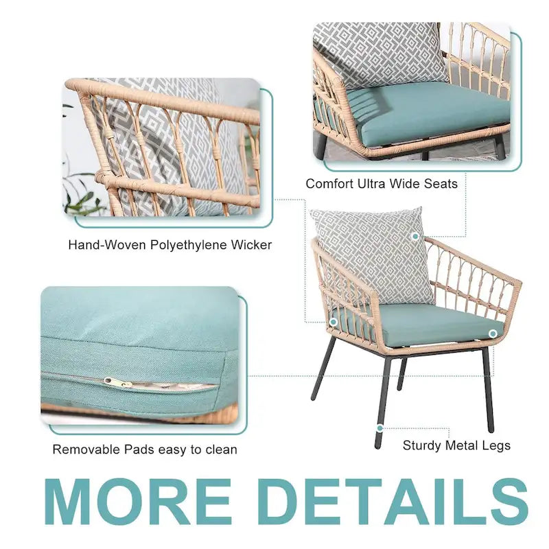 Ensemble bistro d'extérieur 3 pièces avec table basse en verre trempé et chaises en osier (vert)