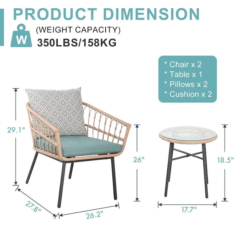 Ensemble bistro d'extérieur 3 pièces avec table basse en verre trempé et chaises en osier (vert)