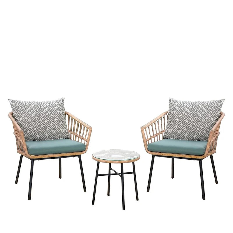 Ensemble bistro d'extérieur 3 pièces avec table basse en verre trempé et chaises en osier (vert)