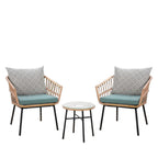 Ensemble bistro d'extérieur 3 pièces avec table basse en verre trempé et chaises en osier (vert)