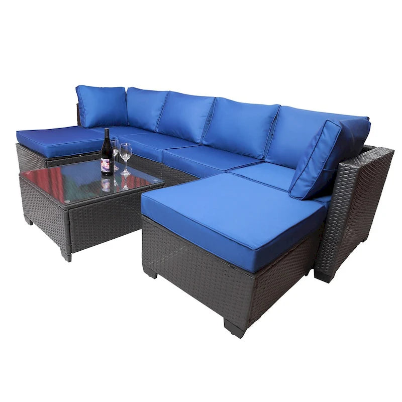 Ensemble de canapés de jardin 7 pièces noir et bleu foncé avec table basse et structure en métal antirouille.