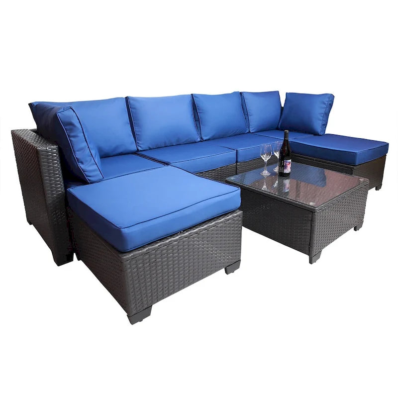 Ensemble de canapés de jardin 7 pièces noir et bleu foncé avec table basse et structure en métal antirouille.
