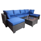 Ensemble de canapés de jardin 7 pièces noir et bleu foncé avec table basse et structure en métal antirouille.