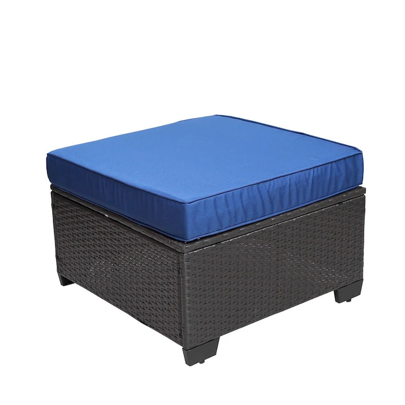 Ensemble de canapés de jardin 7 pièces noir et bleu foncé avec table basse et structure en métal antirouille.