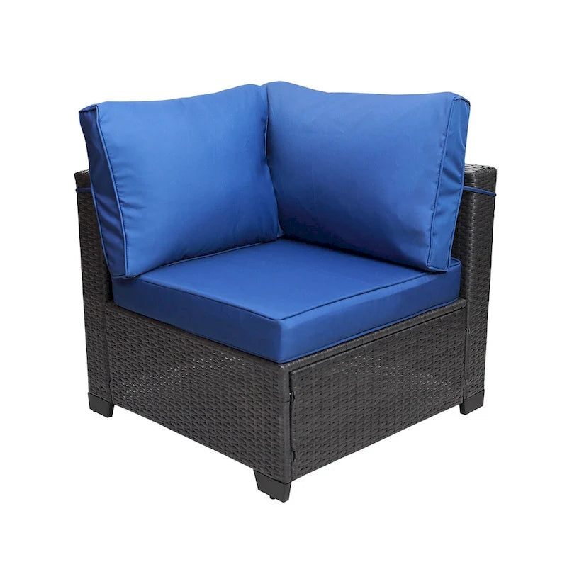 Ensemble de canapés de jardin 7 pièces noir et bleu foncé avec table basse et structure en métal antirouille.