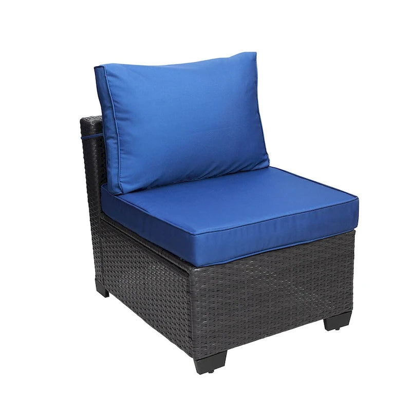 Ensemble de canapés de jardin 7 pièces noir et bleu foncé avec table basse et structure en métal antirouille.