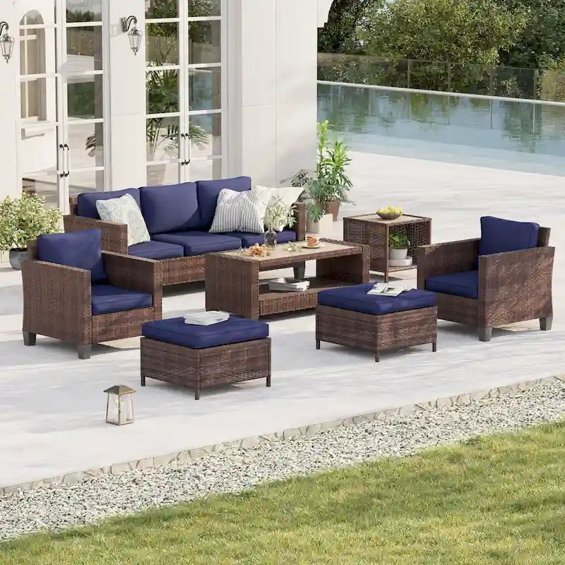 Ensemble de mobilier de jardin BONOSUKI 7 pièces en rotin marron avec 2 tables d'appoint