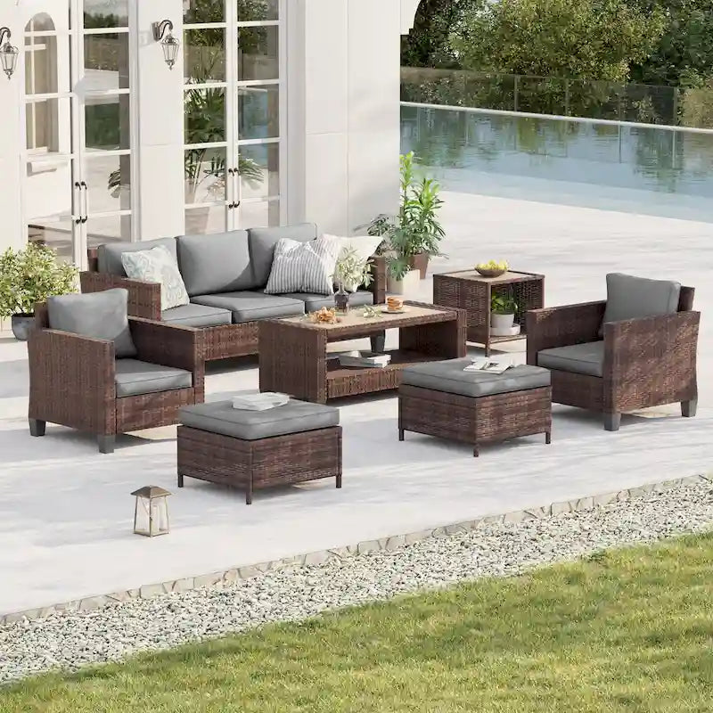 Ensemble de mobilier de jardin BONOSUKI 7 pièces en rotin marron avec 2 tables d'appoint