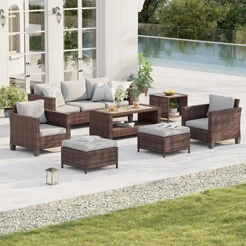 Ensemble de mobilier de jardin BONOSUKI 7 pièces en rotin marron avec 2 tables d'appoint