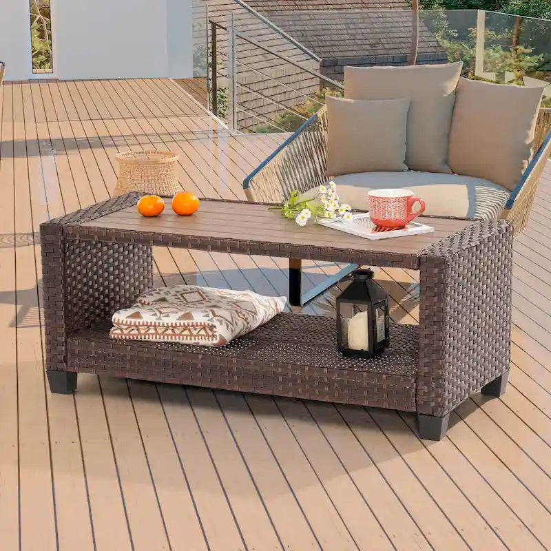 Ensemble de mobilier de jardin BONOSUKI 7 pièces en rotin marron avec 2 tables d'appoint