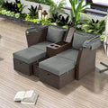 Ensemble canapé-lit convertible deux places pour terrasse avec pare-soleil rétractable, porte-gobelets, coffres de rangement et coussins déperlants.