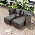 Ensemble canapé-lit convertible deux places pour terrasse avec pare-soleil rétractable, porte-gobelets, coffres de rangement et coussins déperlants.