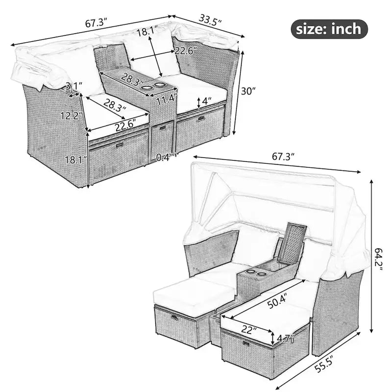 Ensemble canapé-lit convertible deux places pour terrasse avec pare-soleil rétractable, porte-gobelets, coffres de rangement et coussins déperlants.