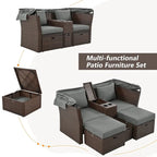 Ensemble canapé-lit convertible deux places pour terrasse avec pare-soleil rétractable, porte-gobelets, coffres de rangement et coussins déperlants.