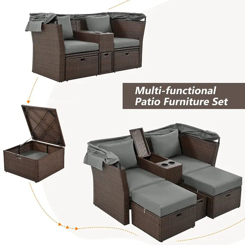 Ensemble canapé-lit convertible deux places pour terrasse avec pare-soleil rétractable, porte-gobelets, coffres de rangement et coussins déperlants.