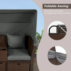 Ensemble canapé-lit convertible deux places pour terrasse avec pare-soleil rétractable, porte-gobelets, coffres de rangement et coussins déperlants.