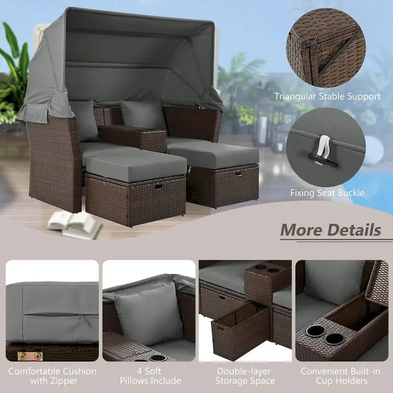 Ensemble canapé-lit convertible deux places pour terrasse avec pare-soleil rétractable, porte-gobelets, coffres de rangement et coussins déperlants.