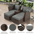 Ensemble canapé-lit convertible deux places pour terrasse avec pare-soleil rétractable, porte-gobelets, coffres de rangement et coussins déperlants.