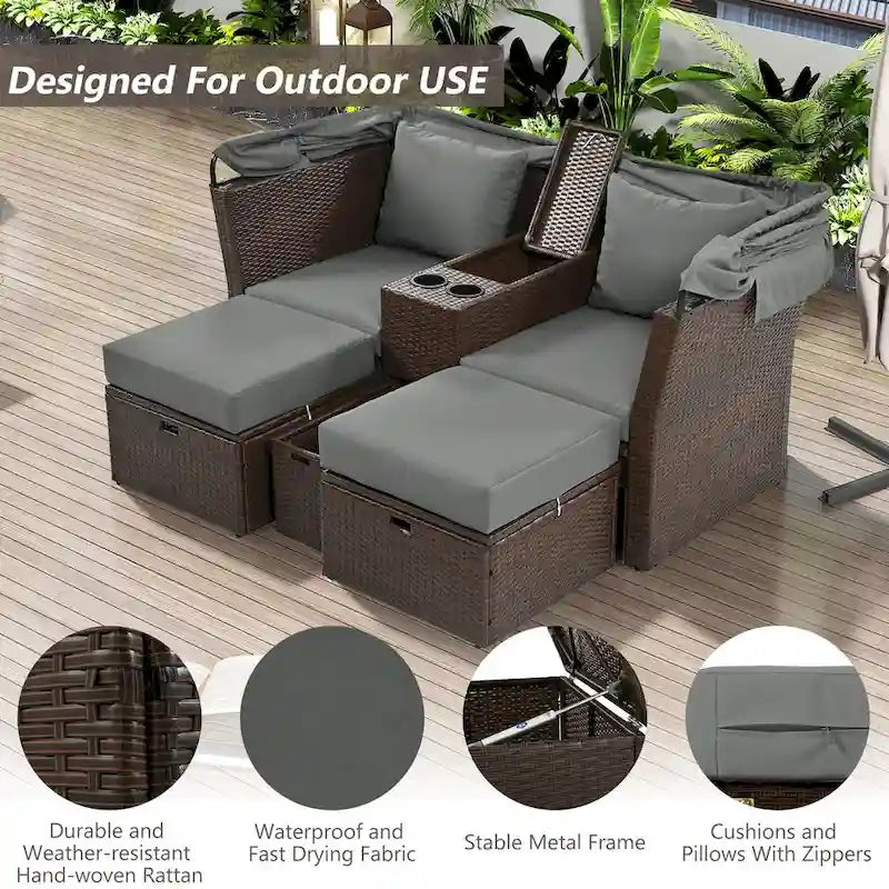 Ensemble canapé-lit convertible deux places pour terrasse avec pare-soleil rétractable, porte-gobelets, coffres de rangement et coussins déperlants.