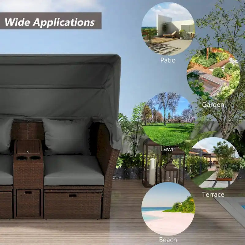 Ensemble canapé-lit convertible deux places pour terrasse avec pare-soleil rétractable, porte-gobelets, coffres de rangement et coussins déperlants.