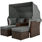 Ensemble canapé-lit convertible deux places pour terrasse avec pare-soleil rétractable, porte-gobelets, coffres de rangement et coussins déperlants.